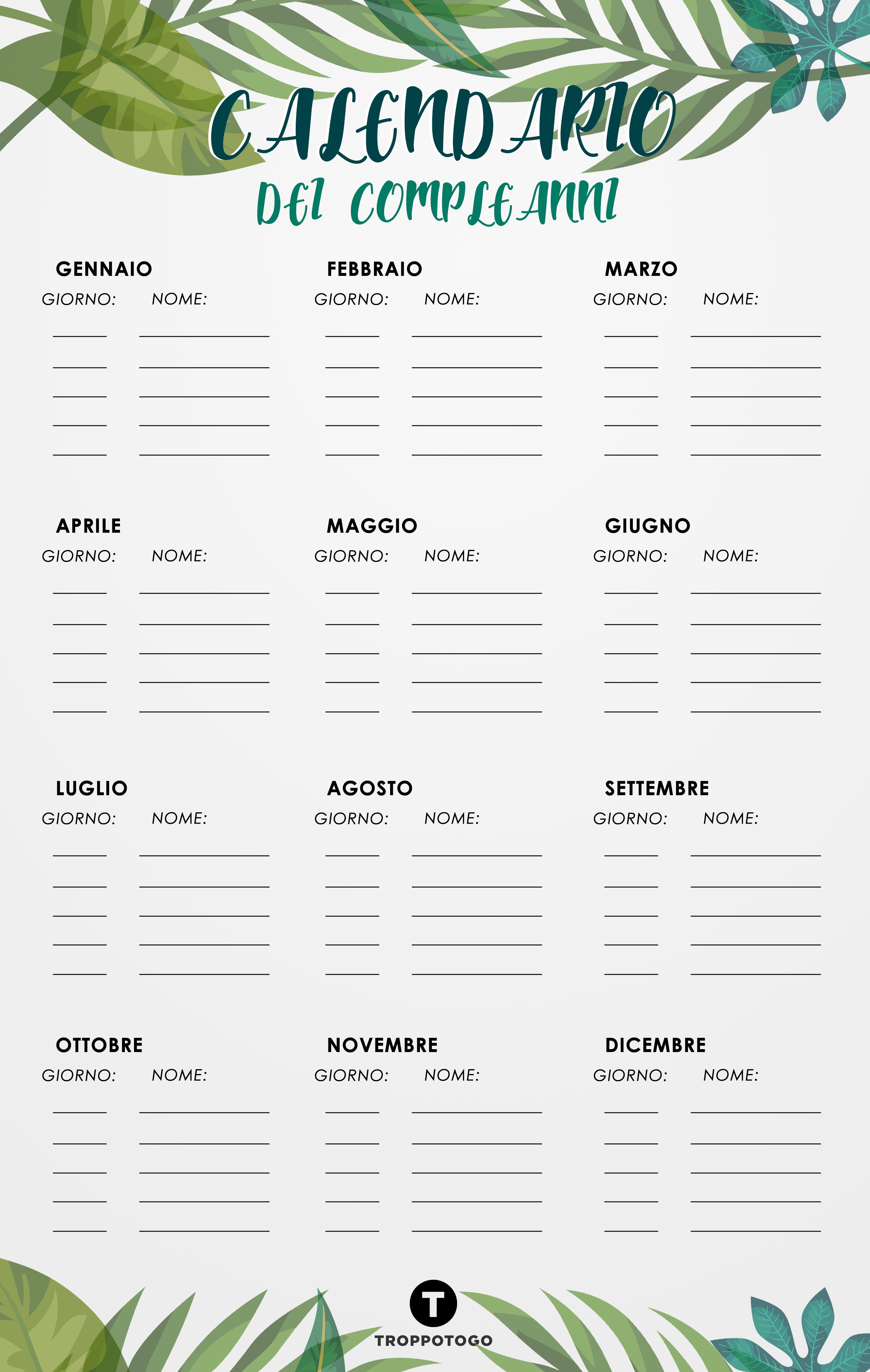 Un Calendario Stampabile Per I Compleanni Printable Gratuito