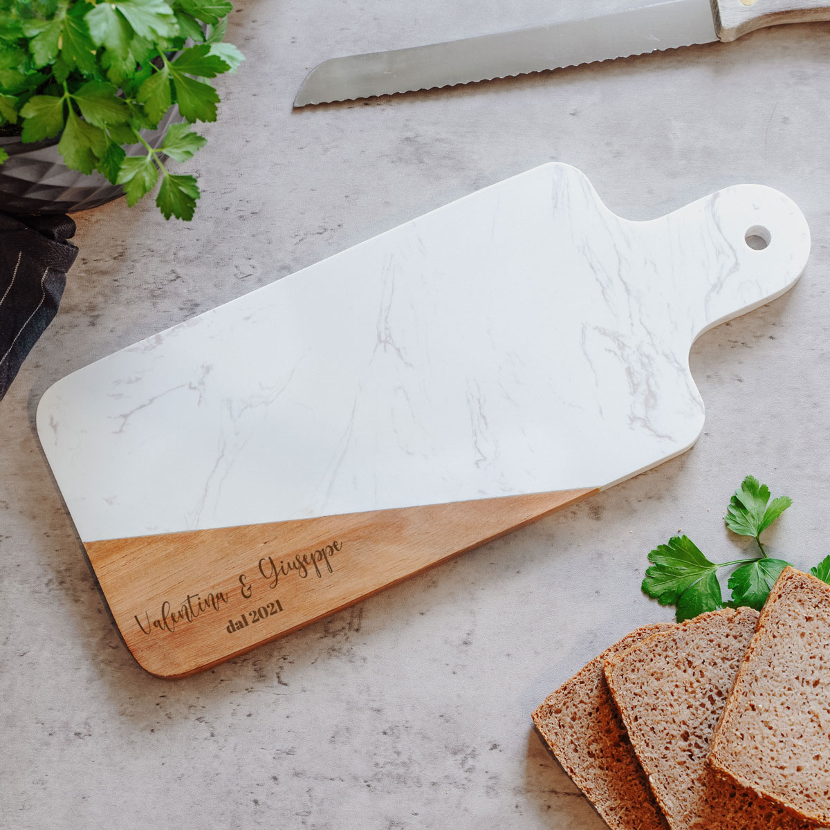 Tagliere in Marmo e Legno Personalizzato con Testo