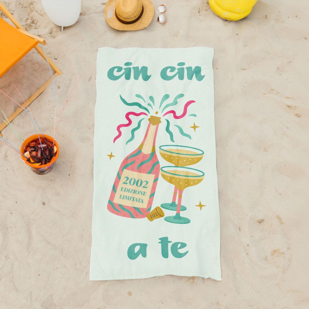 Telo Mare Personalizzato con Champagne e Testo
