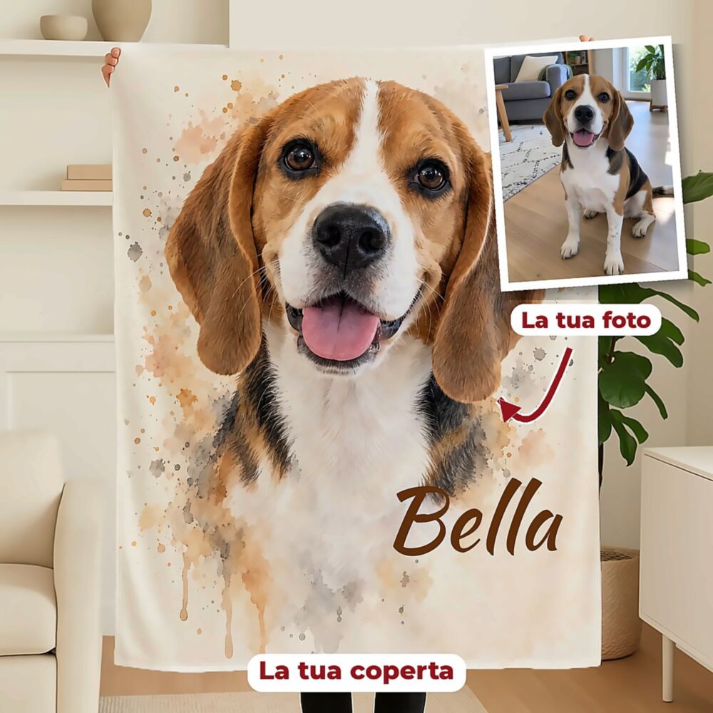 Coperta personalizzata con foto del tuo animale in stile acquerello