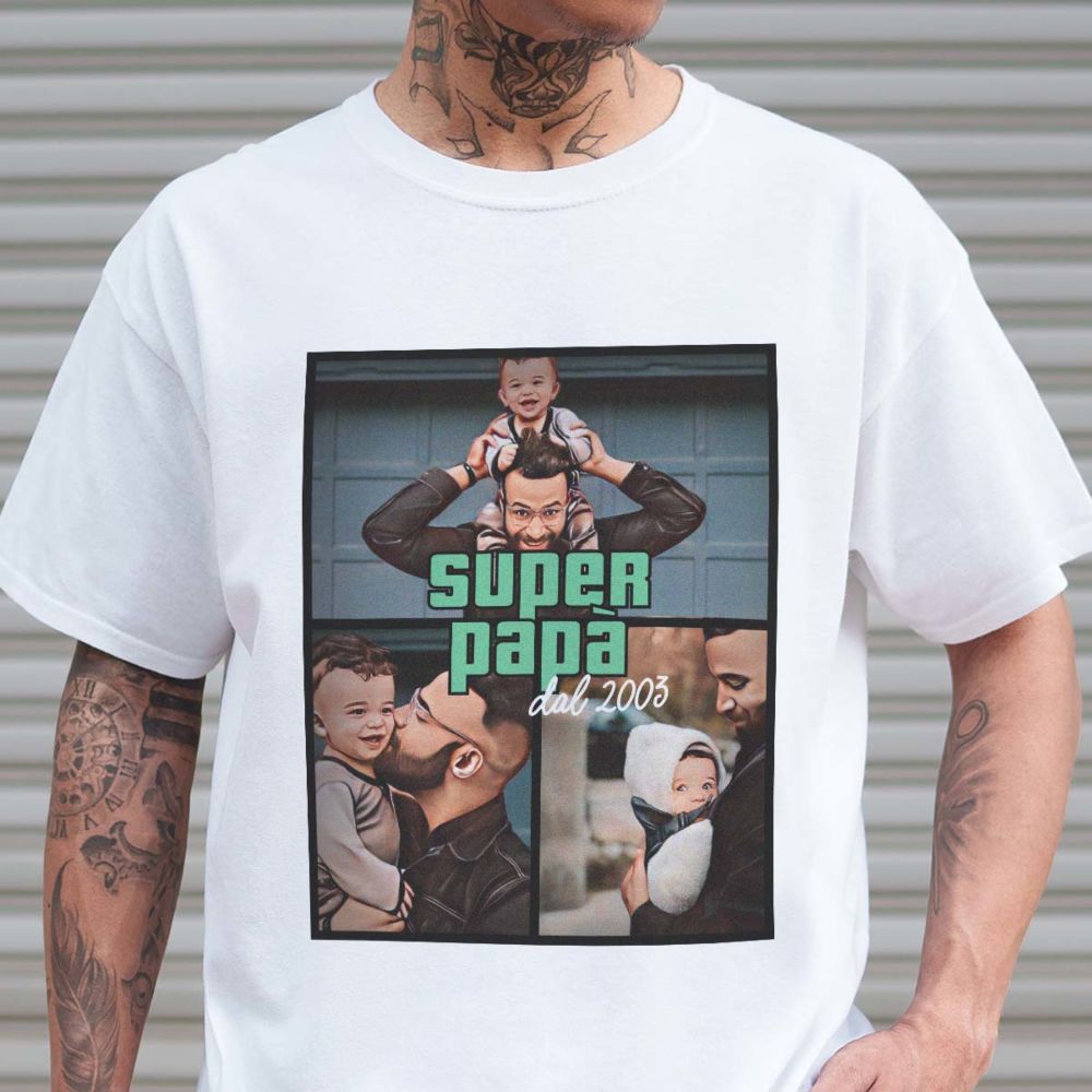 Maglietta Personalizzata con tre Foto e un Testo