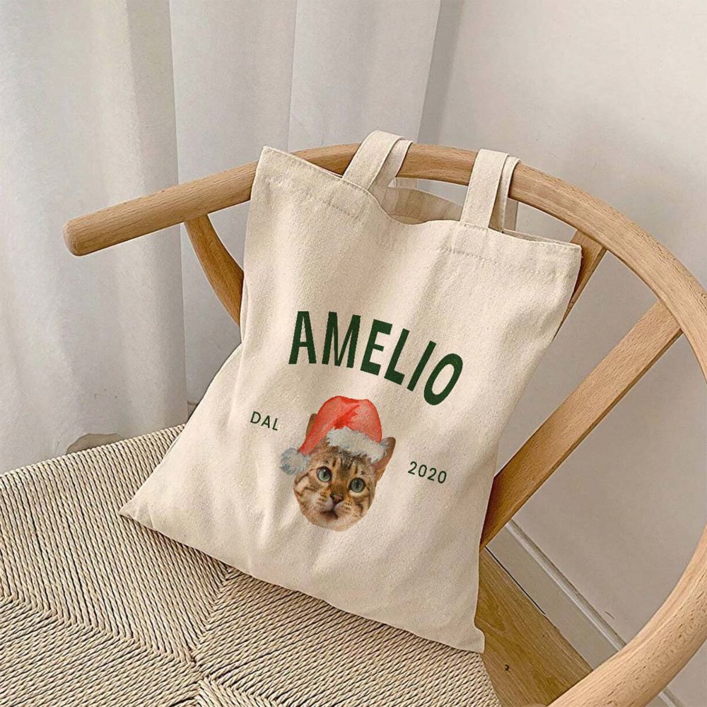 Borsa Personalizzata Tote Bag con Animale domestico e Cappellino Natalizio