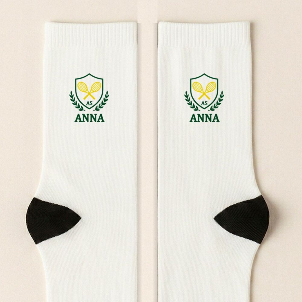Calzini da tennis personalizzati con emblema, iniziali e nome – design standard AS / ANNA