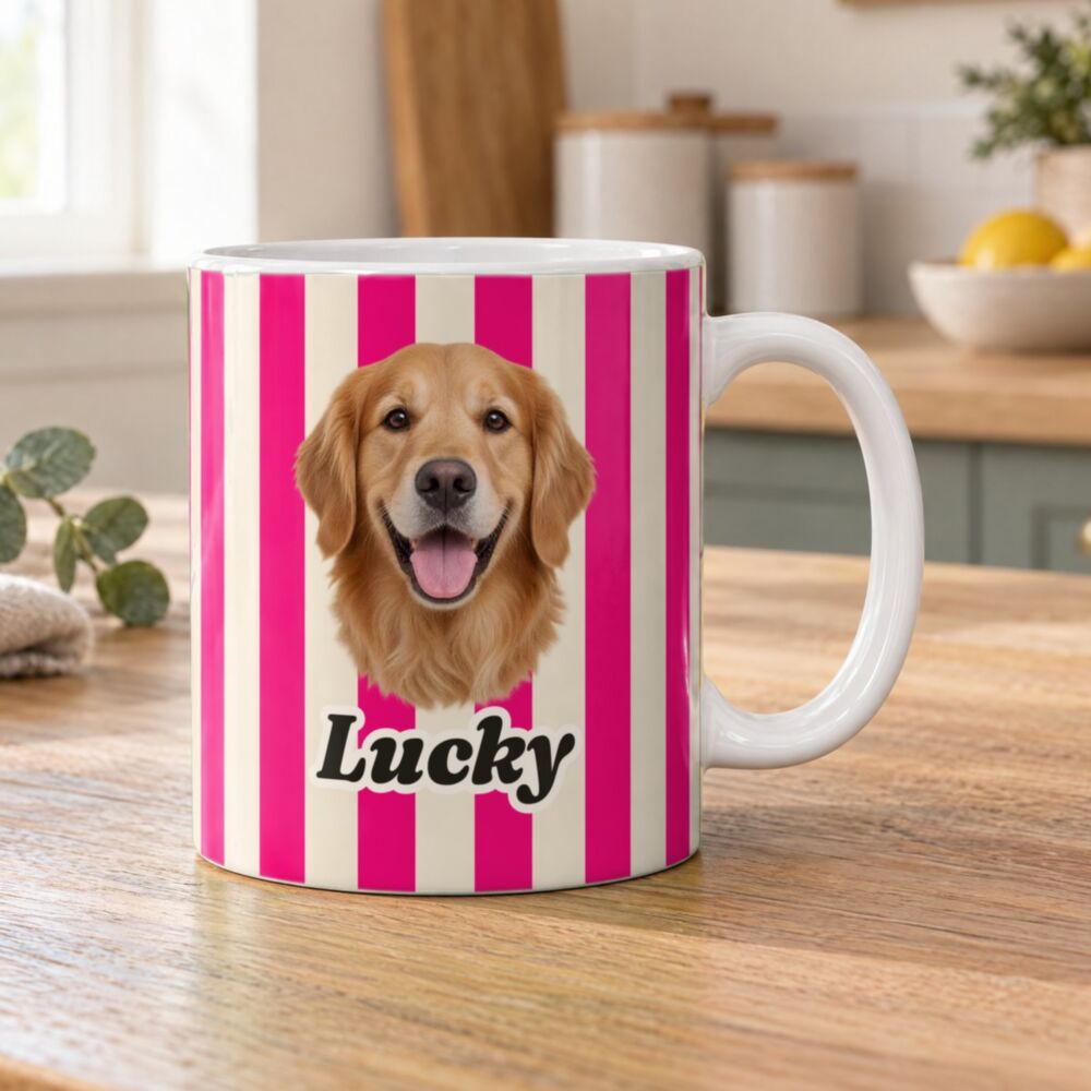 Tazza personalizzata con foto e nome Animale Domestico: golden retriever “Lucky” a righe rosa
