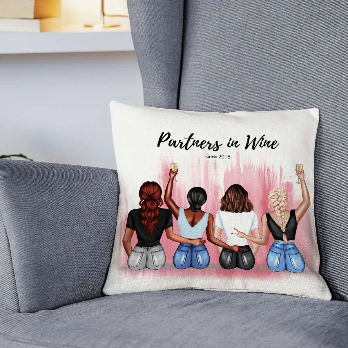 Federa Cuscino Personalizzata Illustrazione di Amiche e Testo