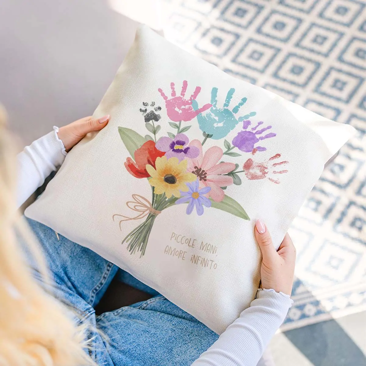 Federa Cuscino Personalizzata Mazzo di Fiori con Impronta della Mano