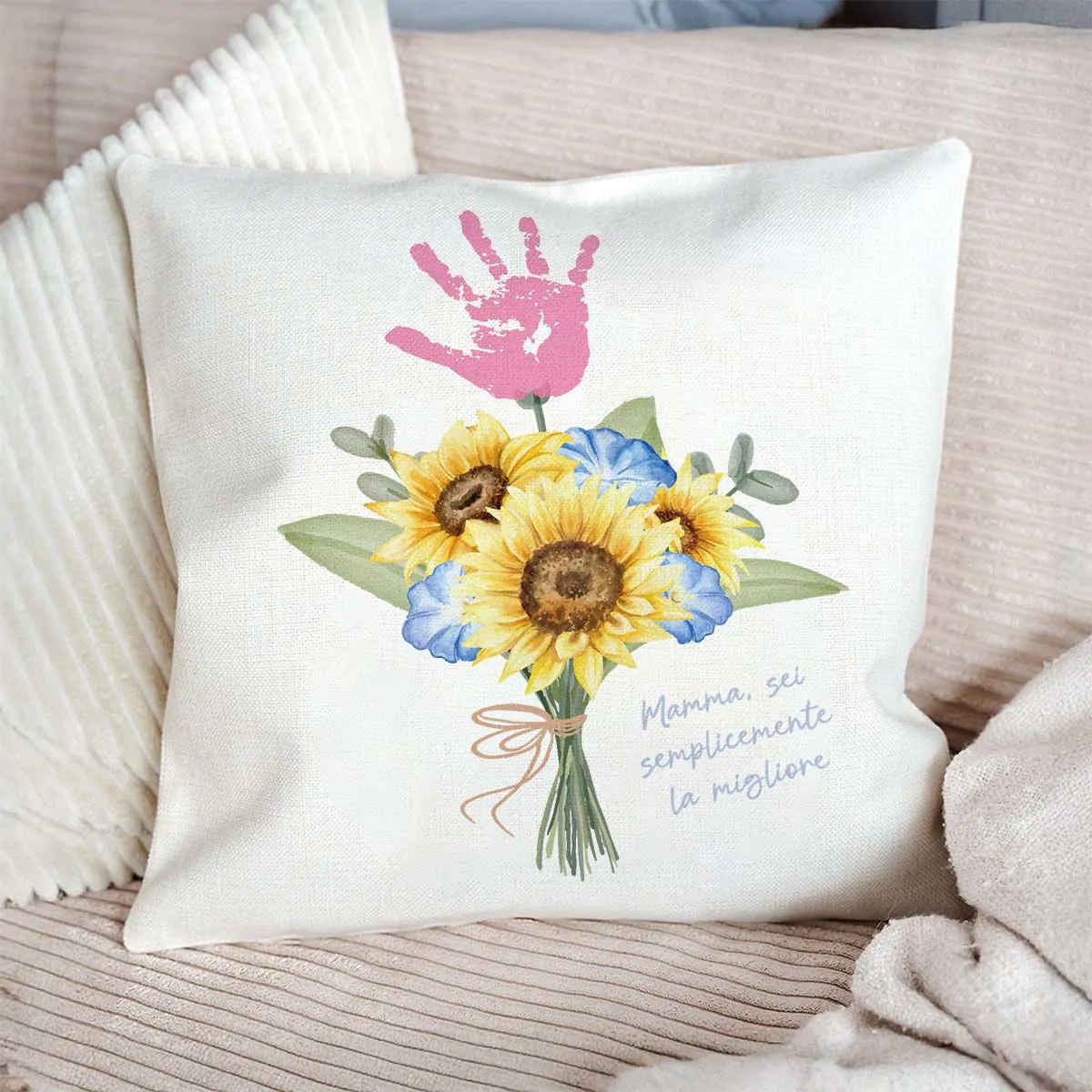 Federa Cuscino Personalizzata Mazzo di Fiori con Impronta della Mano