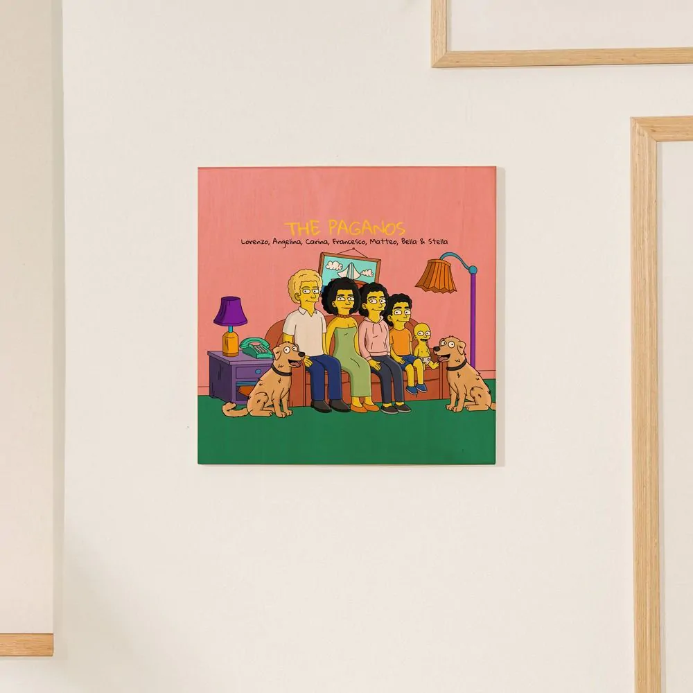 Stampa Foto su Legno Personalizzata - Illustrazione Famiglia Cartone Animato