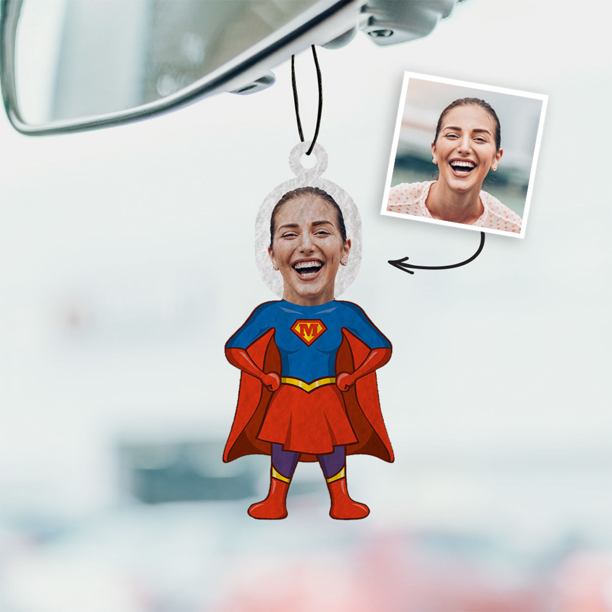 Profumatore Auto Personalizzato Supereroina con Faccia Set da 2
