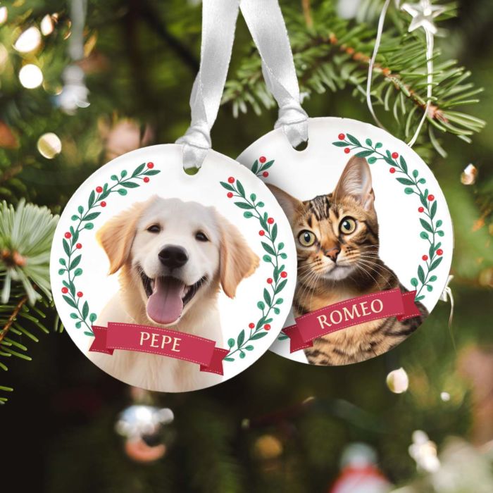 Pendente in Acrilico Personalizzato con Animale Domestico e Ghirlanda di Fiori Set di 2