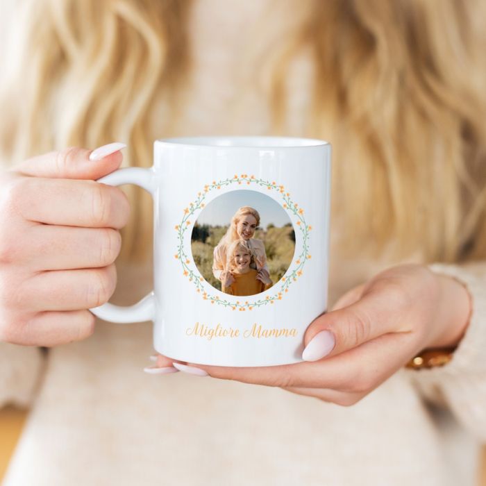 Tazza Personalizzata con Ghirlanda di Fiori con Foto e Testo