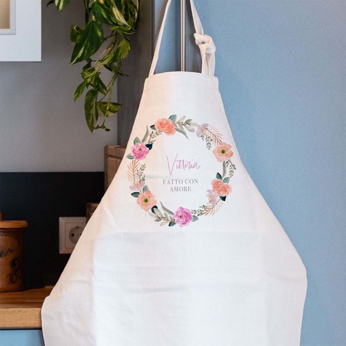 Grembiule da Cucina Personalizzato con Corona Floreale e Testo