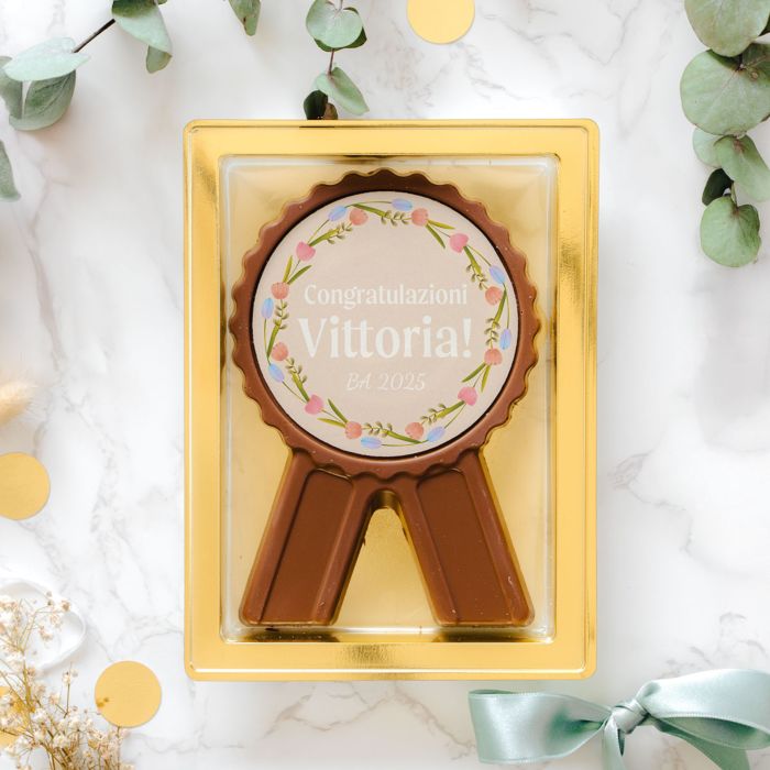 Cioccolato Personalizzato Medaglia con Fiori e Testo