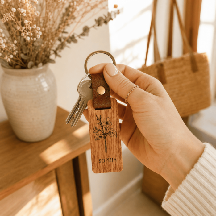 Portachiavi personalizzato in legno con fiore del mese di nascita e data