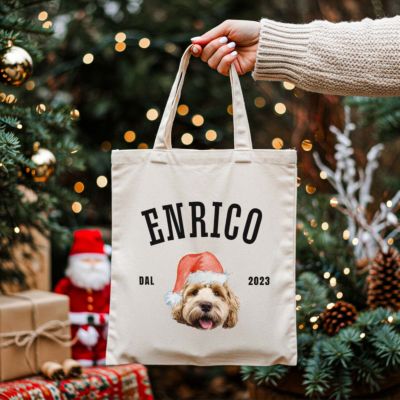 Borsa Personalizzata Tote Bag con Animale domestico e Cappellino Natalizio