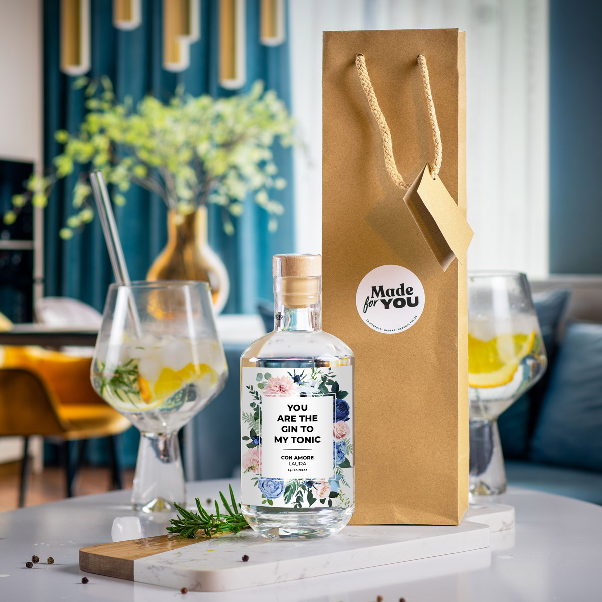 Gin Personalizzato con Testo e Disegno Floreale