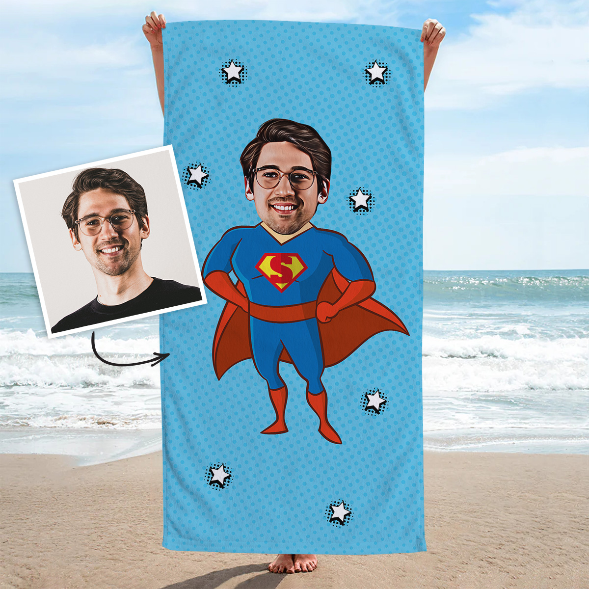 Asciugamano Personalizzato Supereroe in Stile Fumetto con Faccia Regali Foto Regali di Compleanno Regali per Lui Regali per un Amico Regali per il Fra