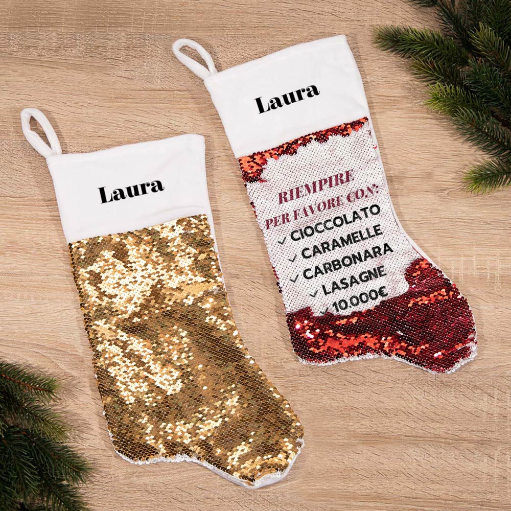 Calza di Natale con Paillettes e Testo