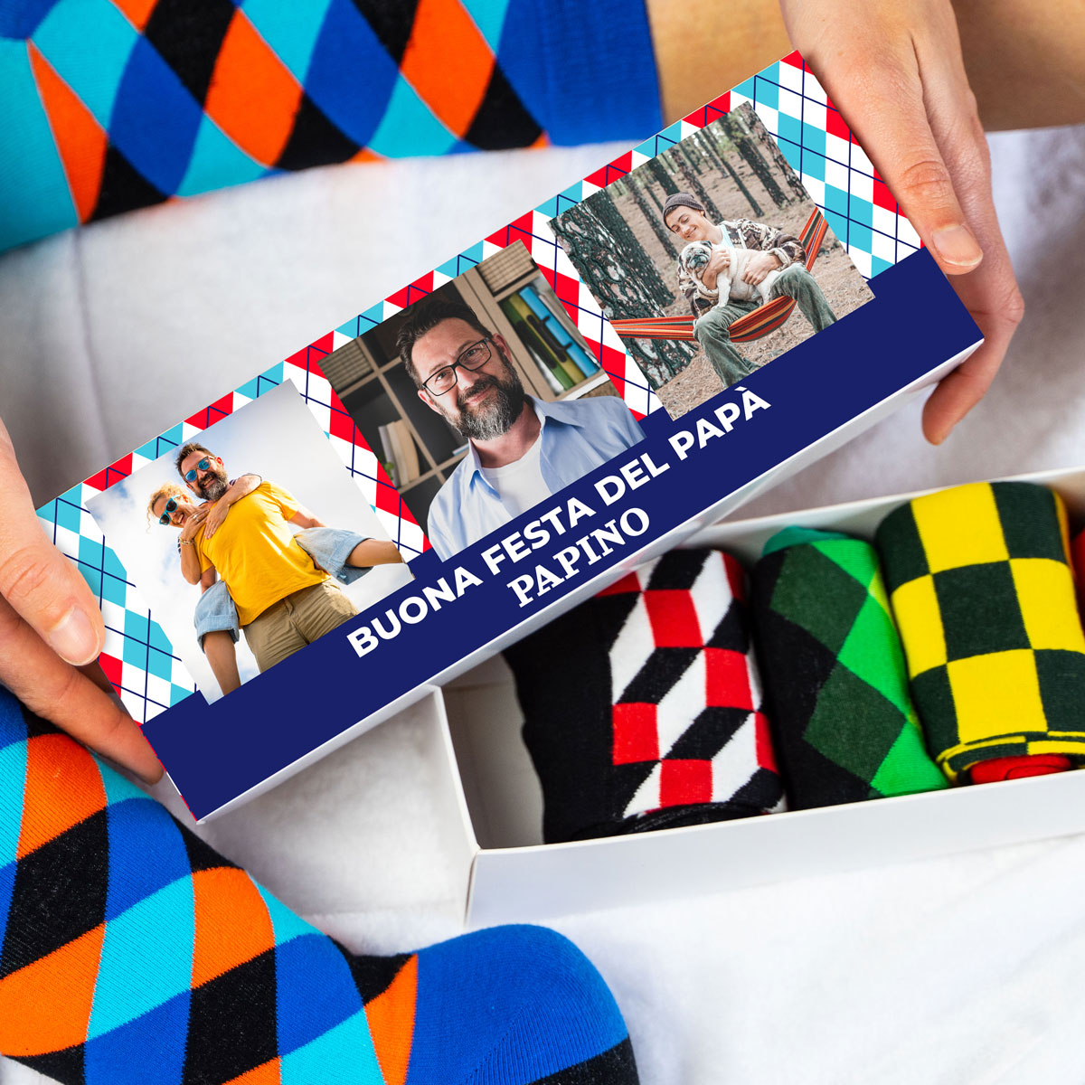 regali per la festa del papà scatola di calzini personalizzata con 3 foto e testo