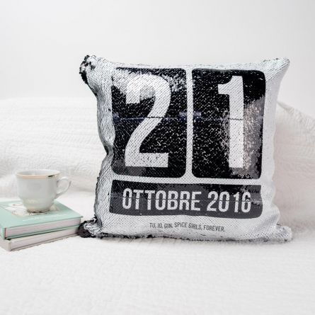 Federa con paillettes per cuscino con data personalizzabile